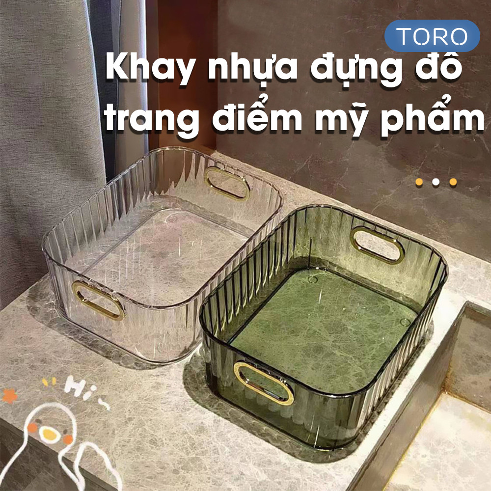Khay nhựa trong suốt đựng mỹ phẩm DINO có tay cầm đựng đồ để bàn, dụng cụ trang điểm đa năng gọn gàng
