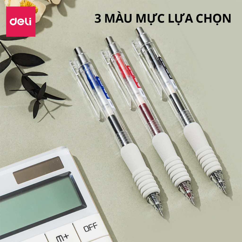 Hộp 12 Bút Bi Nước Đệm Xốp Deli Nhanh Khô Bút Gel Mực Bấm Deli  Nhiều Màu Trơn Tru Ngòi 0.5mm Cho Học Sinh
