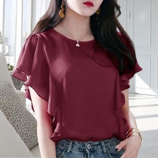 Sang Trọng Xù Áo Sơ Mi Voan Tay Ngắn Mùa Hè 2023 Kích Thước Lớn Rời Ôm Hơn Nhìn Áo Thun Bao Bụng Top Nữ