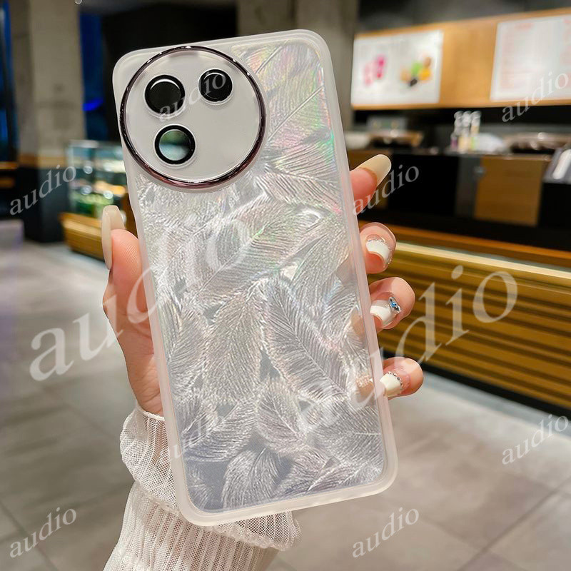 Ốp Điện Thoại Lấp Lánh Lông Vũ Laser Cho Vivo V30E V30 Pro 5G 2024 Với Phim Bảo Vệ Ống Kính Máy Ảnh Trong Suốt Lông Vũ Vỏ Điện Thoại Cho Vivo V30E VivoV30e 5G Ốp Lưng