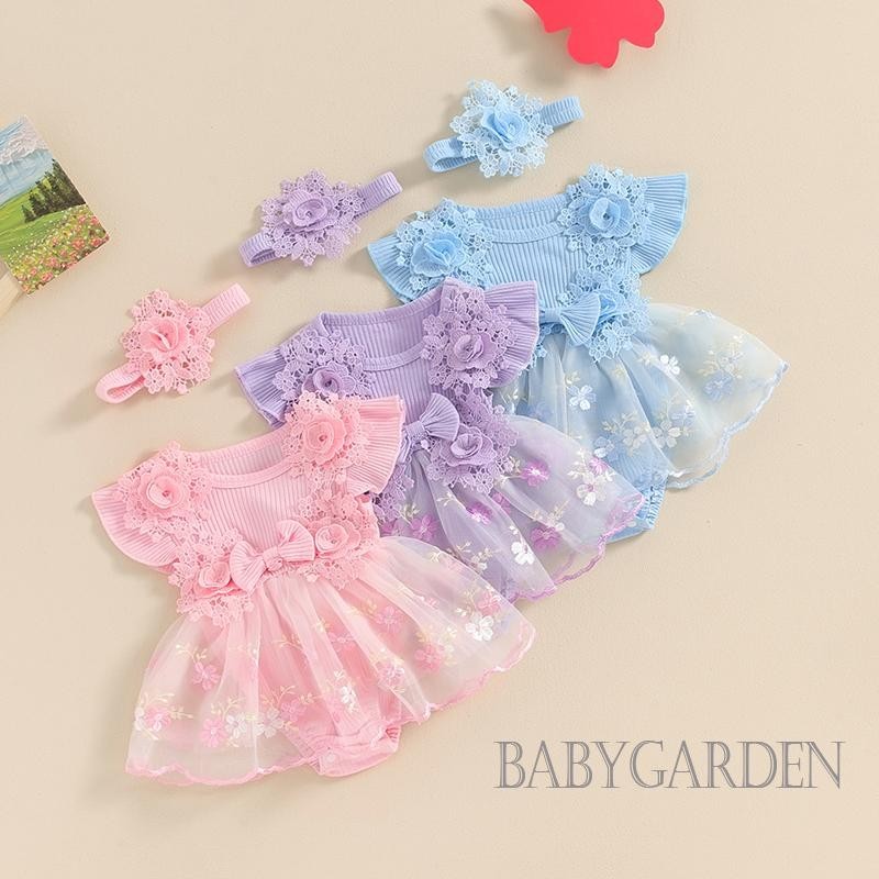 Baga-infant Bé Gái Trang Phục Mùa Hè Tay Bay Thêu Hoa Áo Liền Quần Có Băng Đô