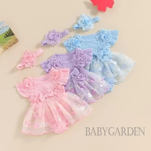 Baga-infant Bé Gái Trang Phục Mùa Hè Tay Bay Thêu Hoa Áo Liền Quần Có Băng Đô