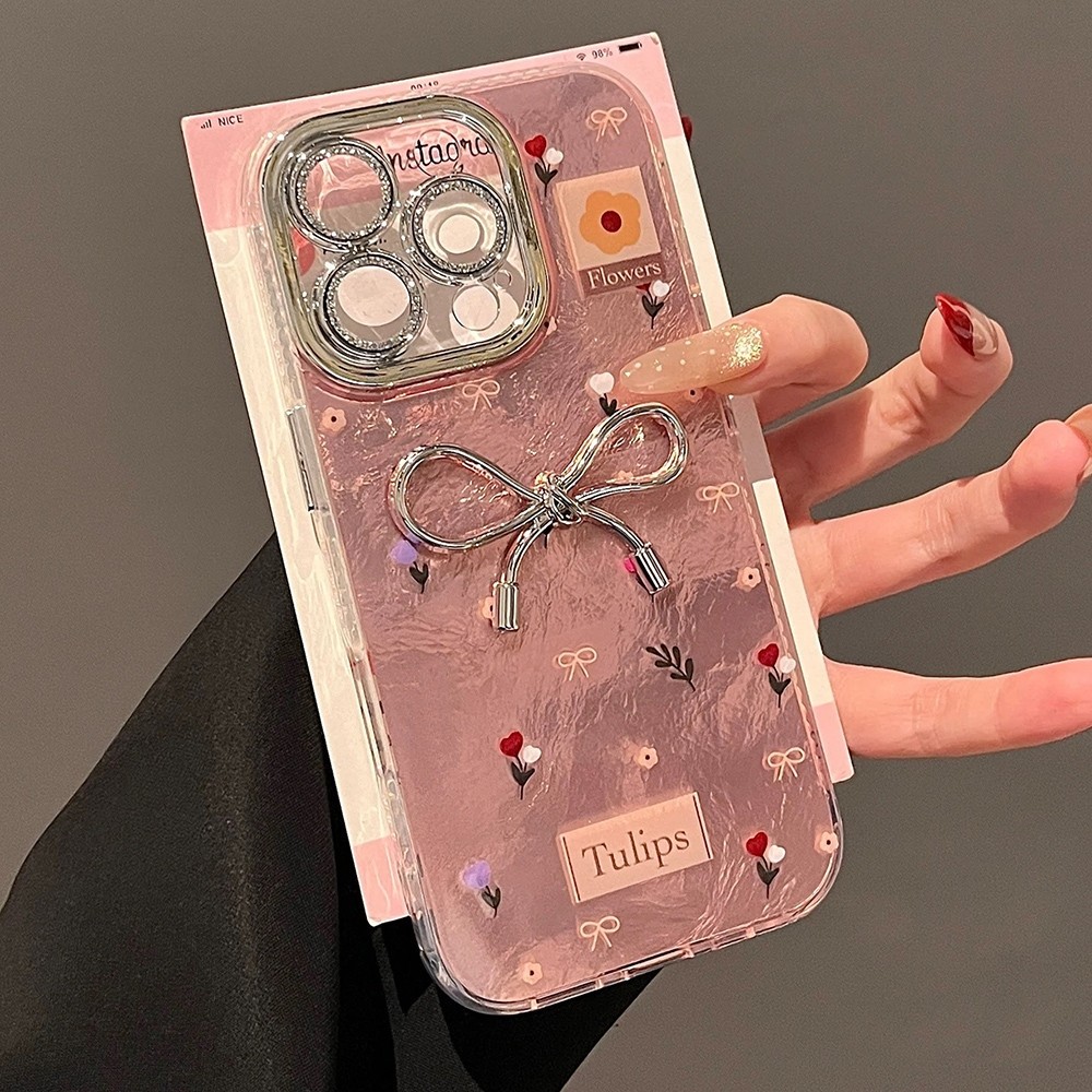 Lập Thể Nơ Màu Hồng Tulip Dây Xích Ốp Lưng Điện Thoại iPhone 17ProMax 16Plus 15 14 13 12 11 Pro Max Long Lanh Với Ống Kính Phim Bảo Vệ Chống Sốc