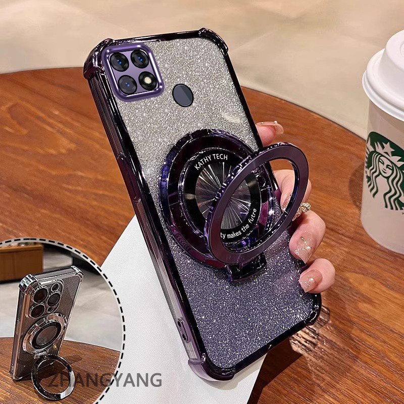 Ốp Lưng Cho OPPO A15 A15S Ốp Điện Thoại Mạ Điện Bốn Góc Chống Rơi Thẩm Mỹ Giấy Lấp Lánh Thiết Kế Mới Giá Đỡ Điện Thoại TPU Mềm