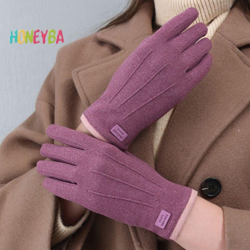 < Honeyba > Găng tay sang trọng dày mùa đông dành cho nữ Thời trang da lộn ấm áp ngoài trời Guantes Lady Găng tay lái xe màn hình cảm ứng Găng tay đi xe đạp thể thao