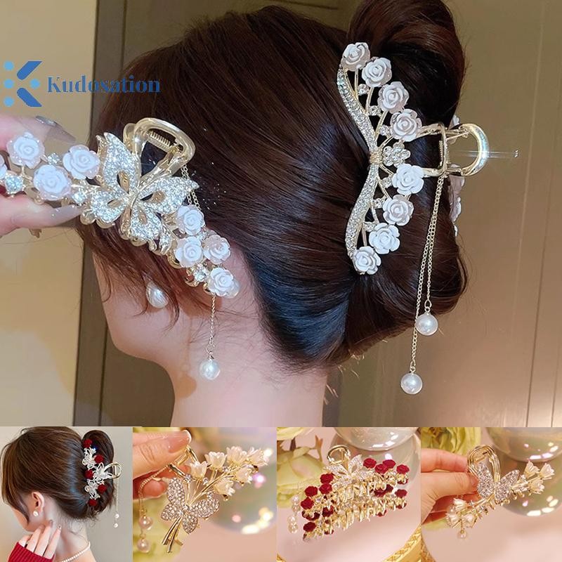 Kudosation Ánh Sáng Sang Trọng Kim Cương Giả Hoa Hồng Móng Vuốt Kẹp Tóc Barrette Phụ Kiện Tóc
