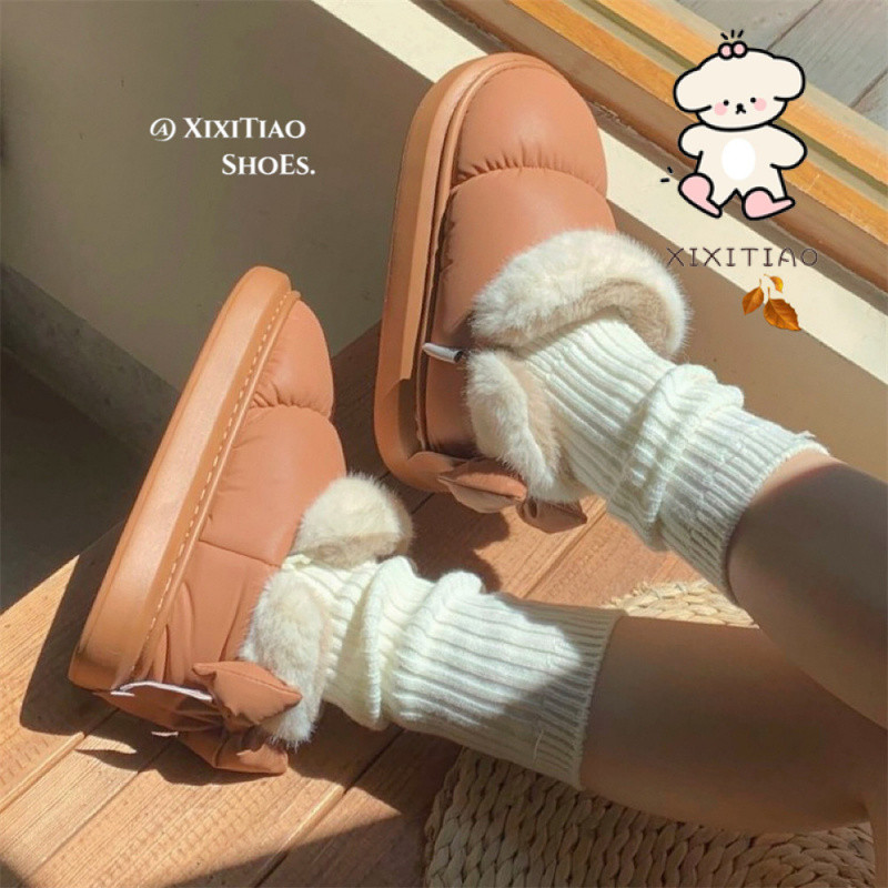 Xixitiao Mùa Đông Nơ Dễ Thương Giữ Ấm Lông Cừu-Flee Tuyết Giày Bốt Nam Nữ Sáng Tạo Phong Cách Mới Chống Thấm Nước Xuống Vải Mặc Bên Ngoài Giày Ngắn