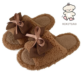 Xixitiao Thu Đông Phong Cách Mới Cổ Tích Phong Cách Nơ Ngọt Ngào Nữ Cotton Dép Thời Trang Retro Đế Mềm Thoải Mái Lông Dép