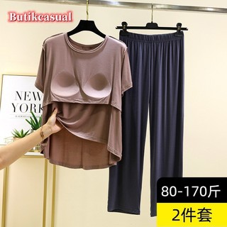 Phụ Nữ Ngực Miếng Lót 2 Bộ Modal Đồng Bằng Bộ Rời Áo Thun Tay Ngắn Bộ Đồ Ngủ Mùa Hè Quần Rộng