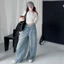 Bộ đồ bé gái Xuân Hè Áo thun một vai phù hợp + Quần jean ống rộng Bộ đồ hai mảnh 5-13 tuổi