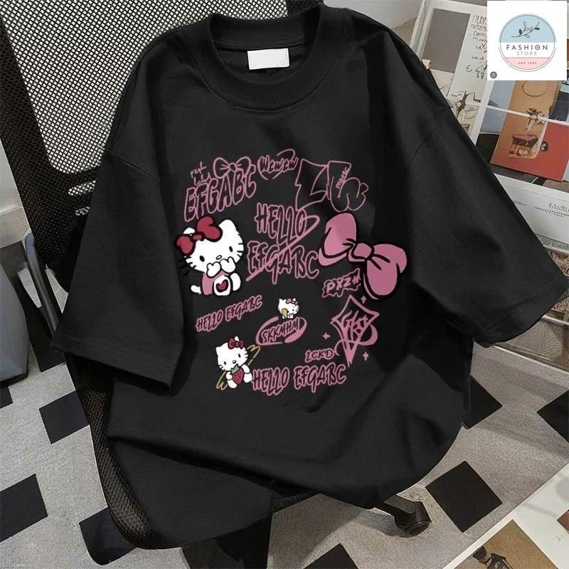 Áo Phông Form Rộng Tay Lỡ Chất Cotton Hình Mèo Dễ Thương-Quần áo 94