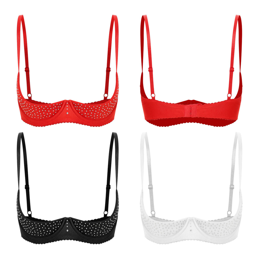 YOOJOO Nữ Lấp Lánh Kim Cương Giả Áo Ngực Quần Lót Có Thể Điều Chỉnh Spaghetti Dây Underwire Nửa Cốc Đẩy Lên Balconettes Quần Lót