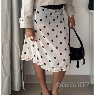 Váy Midi Nữ Nhìn Xuyên Qua Tầng Thấp Xù Viền Họa Tiết Chấm Trắng & Đen Váy Sheer