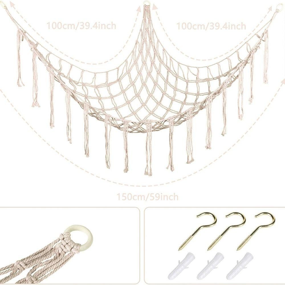 BAMBOOB Treo Lưu Trữ Tổ Chức, Võng Đồ Chơi Lưới Nhồi Bông Góc Tường, Tua Rua Cotton Dây Dệt Tam Giác Đồ Chơi