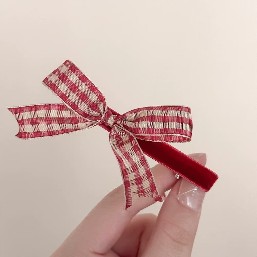Kẹp tóc nơ ca rô màu đỏ ngọt ngào dành cho nữ