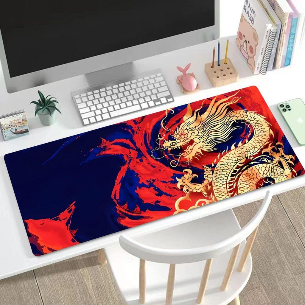 Tấm lót chuột lớn hình rồng Trung Quốc màu đỏ & Thảm để bàn dành cho người lớn Bé trai - Đế cao su chống trượt có viền khâu, hoàn hảo để trang trí văn phòng & nội thất!