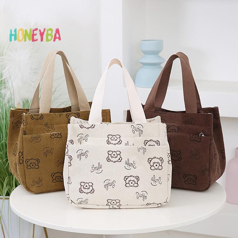 < Honeyba > Túi xách vải nhung in hình hoạt hình dễ thương Túi xách đa năng nhân viên văn phòng Bữa trưa Túi Tote Bento