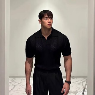 Áo sơ mi nam POLO phong cách Hàn Quốc lưới rỗng kết cấu dệt kim ngắn tay phong cách trưởng thành hàng đầu