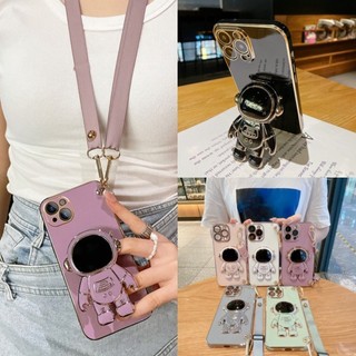 Ốp lưng OPPO A6 Pro 5G 4G 2025 Vỏ điện thoại mạ điện 6D dễ thương thời trang mới OPPO A6Pro có giá đỡ phi hành gia Dây đeo chéo dài cho bé gái