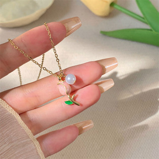 Vòng cổ ngọc trai hoa Tulip ánh sáng sang trọng mặt dây chuyền xương đòn ngọt ngào người phụ nữ