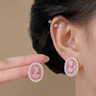 Bạc 925 Kim Hồng Hình Bầu Dục Chân Dung Ngọc Trai Bông Tai Pháp retro Thời Trang Cao Cấp Bông Tai Nữ