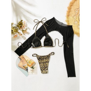 Đồ Bơi Nữ Vàng Bronzing Dây Đen Dài Tay Bao Ba Mảnh Bikini Đồ Bơi