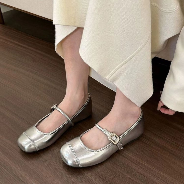 Thời Trang Phiên Bản Hàn Quốc Mũi Tròn Bạc Mũi Vuông Miệng Nông Mary Jane Giày Xuân Hè Phong Cách Mới Retro Pháp Nông Miệng Phẳng Miệng Khóa Dây Đeo Giày Đế Bằng Giày Nữ Nhà Máy Giá Bán Buôn