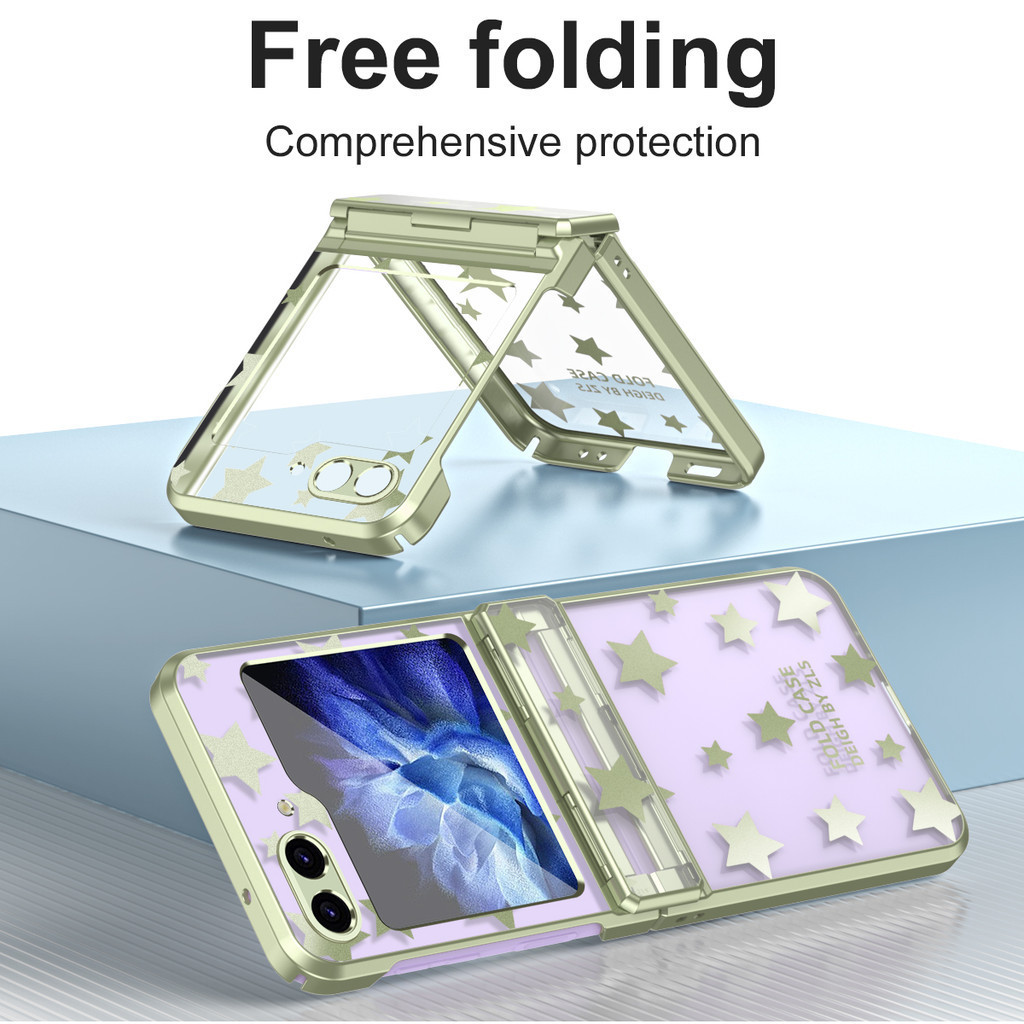 Bản lề mạ sang trọng Ngôi sao thời trang Vỏ trong suốt cho Samsung Galaxy Z Flip 6 Flip 5 Flip 4 Flip 3 5G Bảo vệ chống sốc ZFlip6 Flip5 Flip4 Flip3 Vỏ điện thoại
