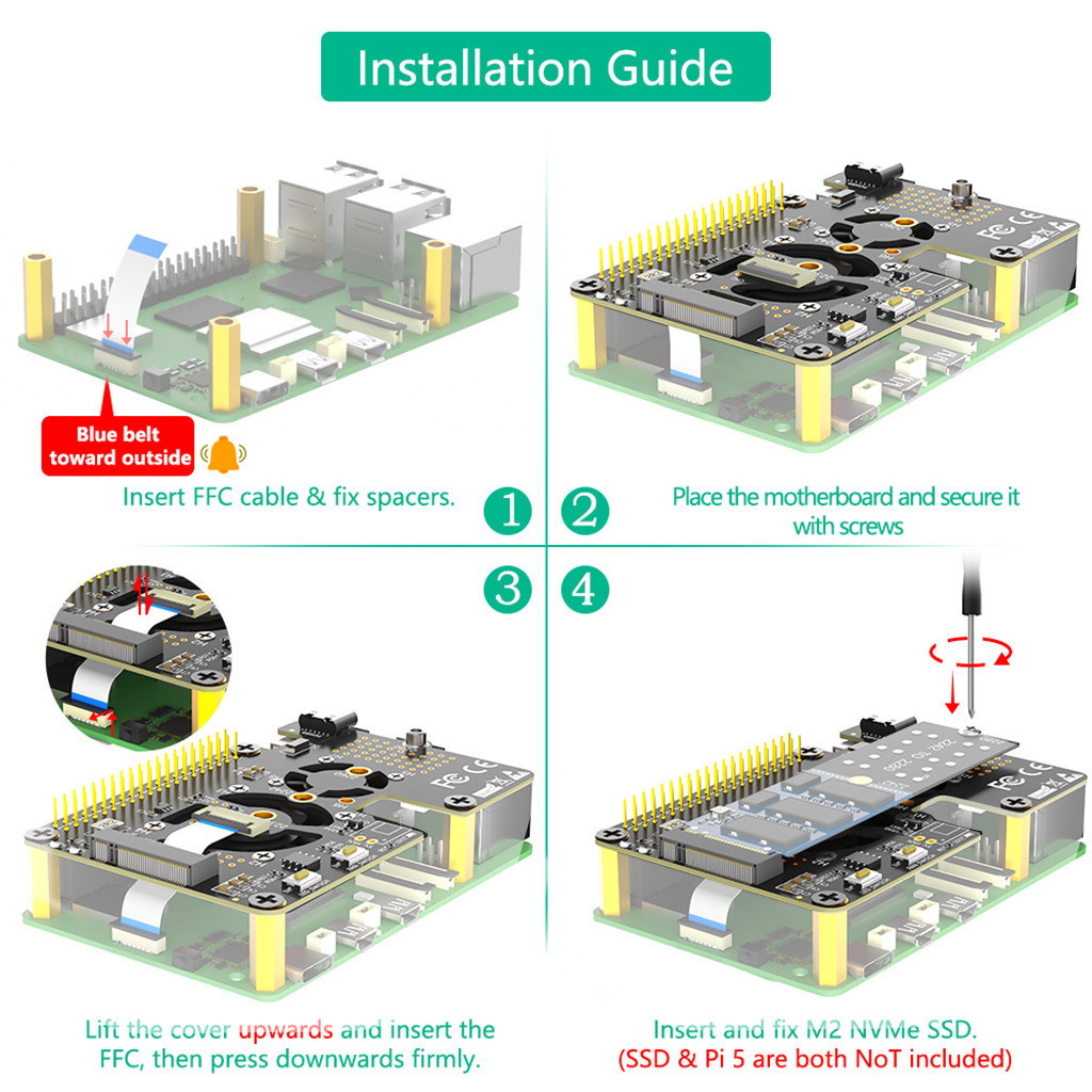 Jmt Phiên bản mới Combo 3 trong 1 M.2 NVMe SSD sang PCI-E Bộ chuyển đổi với quạt làm mát kép và đèn LED đổi màu tự động cho Raspberry Pi 5
