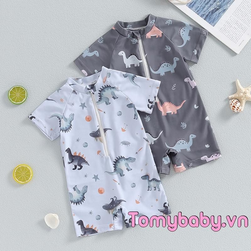 Bé Trai Khủng Long Đồ Bơi Cổ Tròn Nửa Zip Lên Tay Ngắn Rash Guard Bộ Đồ Tắm Cho Đi Biển