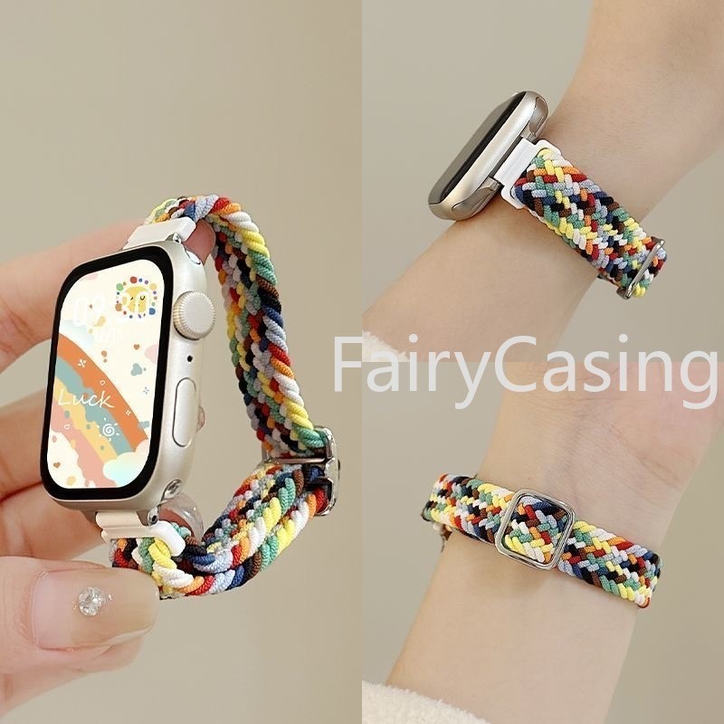 Vòng bện cầu vồng Silm nylon cho Apple watch S11 Dây đeo Ultra 2 49mm 44mm 40mm 45mm 41mm 42mm 38mm Vòng đeo tay đàn hồi Solo cho iWatch series 9 8 7 se 3 6 Band