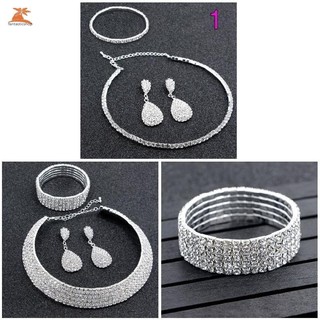 Phụ Nữ Kim Cương Giả Pha Lê Choker Vòng Cổ Bông Tai + Vòng Tay + Bông Tai Bộ Trang Sức Cưới Phụ Kiện Cô Dâu