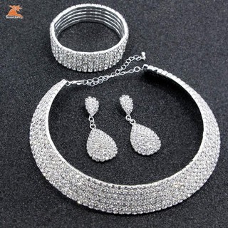Phụ Nữ Kim Cương Giả Pha Lê Choker Vòng Cổ Bông Tai + Vòng Tay + Bông Tai Bộ Trang Sức Cưới Phụ Kiện Cô Dâu