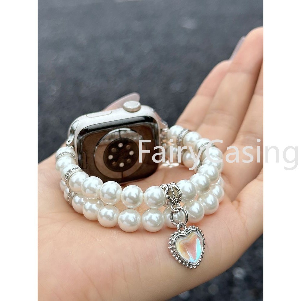 Chỉ Dây S11 Hai Ngọc Trai Kẻ Sọc Trái Tim Tình Yêu Kim Cương Dây Đeo Mặt Số Đường Kính Siêu 2 49mm Cho Apple Series 9 41mm 42mm 44mm 45mm 38mm 40mm cho iwatch SE New SE band