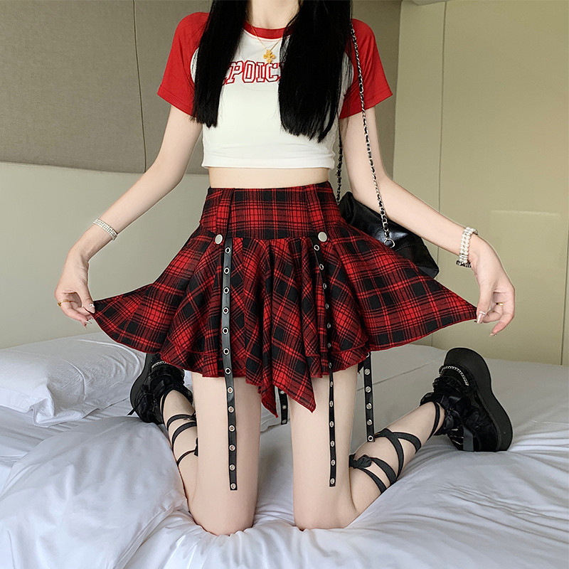 Suxi Retro Checkered Mùa Hè Mới Thường Ngày Ngọt Ngào Cao Cấp Nữ Váy Ngắn Chữ A Không Đều 240701