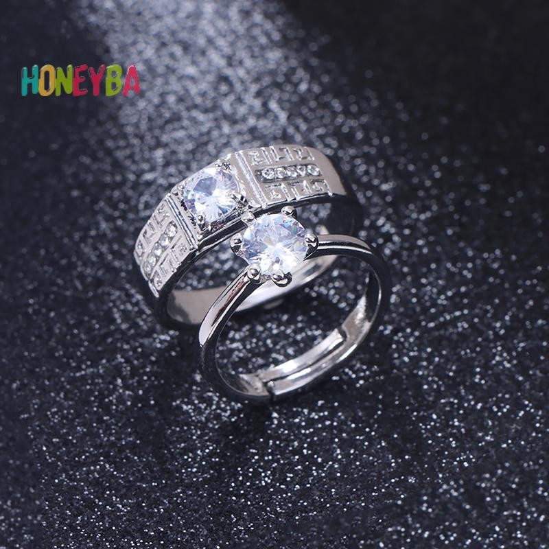 < Honeyba > 1 Cặp Đôi Cổ Điển Có Thể Thay Đổi Kích Thước Nhẫn Đính Hôn Nam Nữ Kim Cương Giả Có Thể Điều Chỉnh Quà Tặng Lễ Tình Nhân