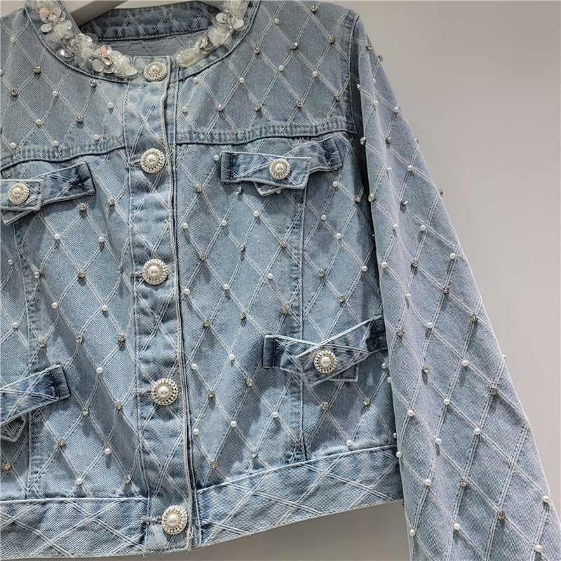 Ga Châu Âu Xuân Thu 2025 Phong Cách Mới Kim Cương Checkered Công Nghiệp Nặng Đính Hạt Denim Áo Khoác Nữ Dạo Phố Phù Hợp Với Áo Khoác Rời