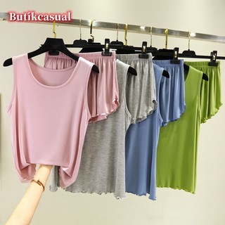 Phụ Nữ Xe Tăng Quần Bộ Đồ Ngủ 2 Bộ Mùa Hè Mỏng Trơn Rời Phù Hợp Với Kích Thước Lớn