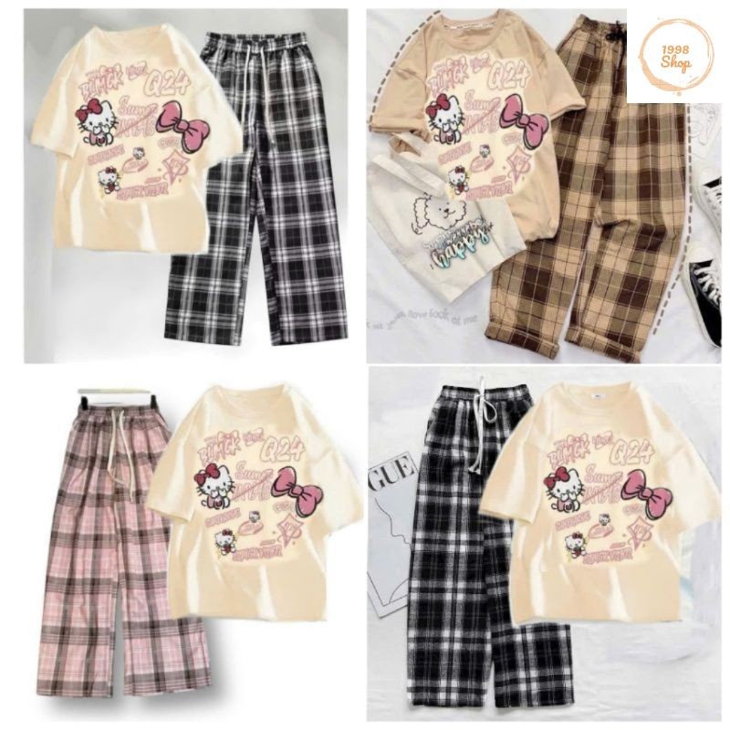 Tổng Hợp Các Sét Quần Ống Rộng + Mix Áo Phông Hình Mèo HÊ LÔ KÍT TI form rộng tay lỡ cotton - Hình Mèo Màu BE