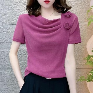 Vai Hoa Phong Cách Pháp Cọc Cổ Áo Nữ Mùa Hè Phong Cách Mới Mẹ Phong Cách Phương Tây Sáng Lụa Mềm Sợi Nhỏ Áo Sơ Mi Tay Ngắn