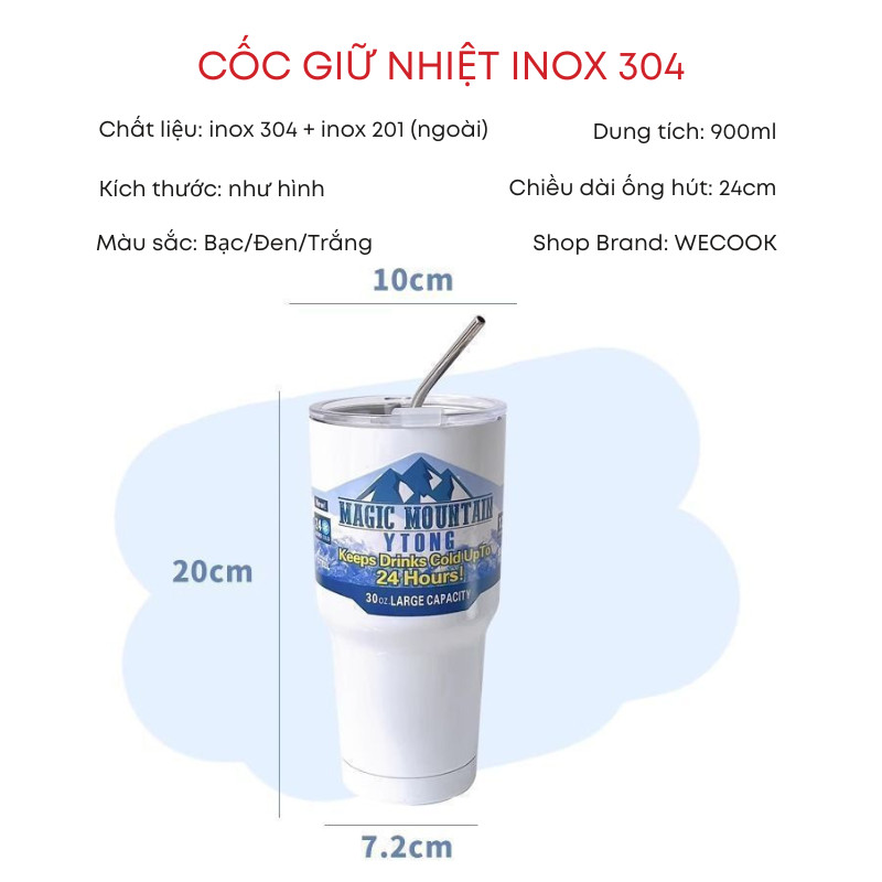 Ly Cốc Giữ Nhiệt Inox 304 Dung Tích Lớn 900ml Đúc Liền Khối Cao Cấp Có Nắp Đậy Tặng Kèm Ống Hút Hàng Loại 1 | 253