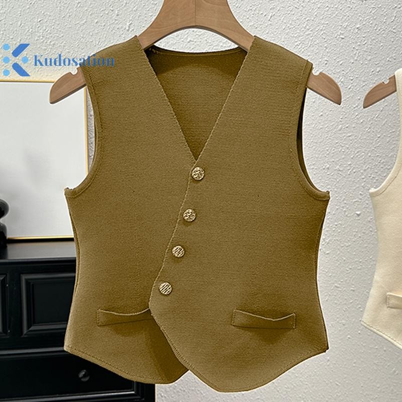 Kudosation Pháp Retro Cổ Chữ V Cổ Đơn Không Đều Không Tay Mỏng Dệt Kim Áo Vest Nữ Đẹp