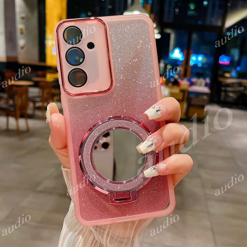 Lấp Lánh Gương Bling Giá Đỡ Từ Tính Ốp Lưng Điện Thoại Samsung Galaxy M55 M35 M15 4G 5G Full Ống Kính Camera Bảo Vệ Phim Lấp Lánh Vỏ Điện Thoại Có Chân Đế Để Bàn Ngón Tay Giá Đỡ