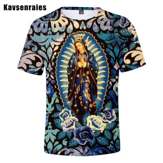 Guadalupe Virgin Mary Công Giáo Áo Thun Nam Unisex Thời Trang Thường Ngày 3D In Áo Mùa Hè Bông Tai Kẹp Dạo Phố Quá Khổ Áo