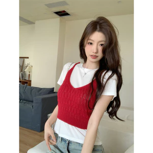 Suxi - Áo thun dệt kim ngắn cổ chữ V rắn mùa hè mới dành cho nữ 240428