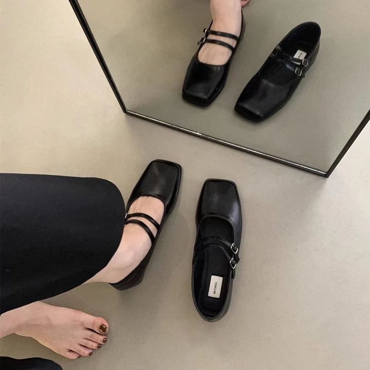 Pháp Mũi Vuông Flat Buckle Dây Đeo Thấp Gót Flat Loafers PU Cao Cấp Chống Trơn Trượt Niche Thời Trang Phù Hợp Với Váy Thanh Lịch Thấp Gót Đế Bằng Giày Nữ