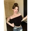 Áo thun nữ ngắn tay một vai xếp ly slim fit phong cách Hàn Quốc mùa hè