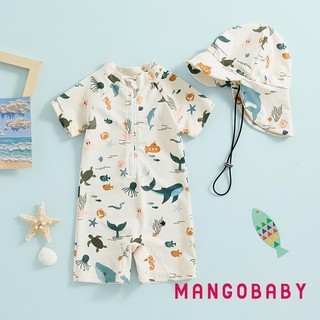 Mg-toddler Đồ Bơi Bé Trai Chống Nắng Tay Ngắn Cổ Tròn In Hình Động Vật Dây Kéo Đồ Bơi Có Mũ