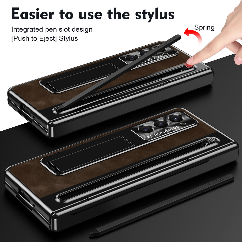 Giá đỡ da sang trọng có khe cắm bút Stylus Samsung Galaxy Z Fold 6 Z Fold 5 Z Fold 4 Vỏ bảo vệ bản lề màn hình kính cho Z Fold4 Fold5 Fold6