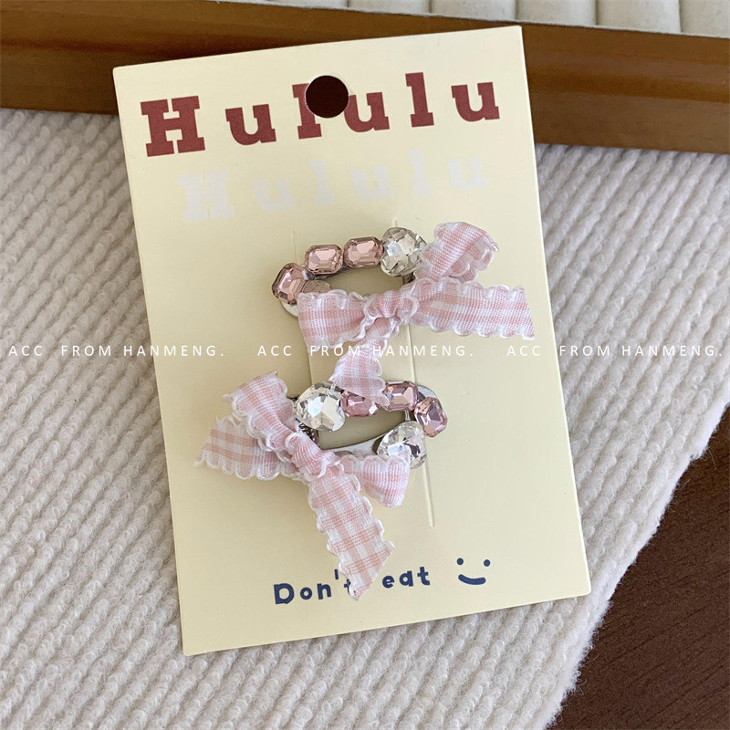Bộ kẹp tóc nơ kẻ sọc màu hồng Bộ kẹp tóc đính đá